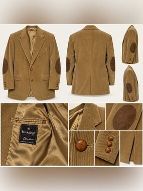 Vintage Brookleigh Corduroy Sport Coat Tan Suede Elbow Patches Mens 40R USA